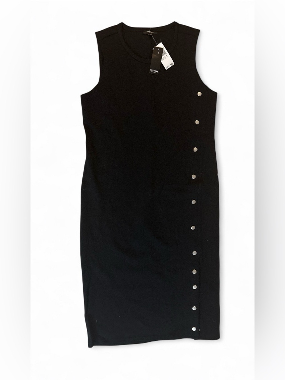 Premise Black Sleeveless Sheath Dress with Silver Button Detail